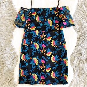 TOPSHOP Black Floral Bardot Mini Dress